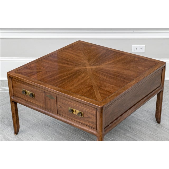 A pair of vintage marquetry square end tables with a single long drawer and brass pulls. Product Information: Materials:...