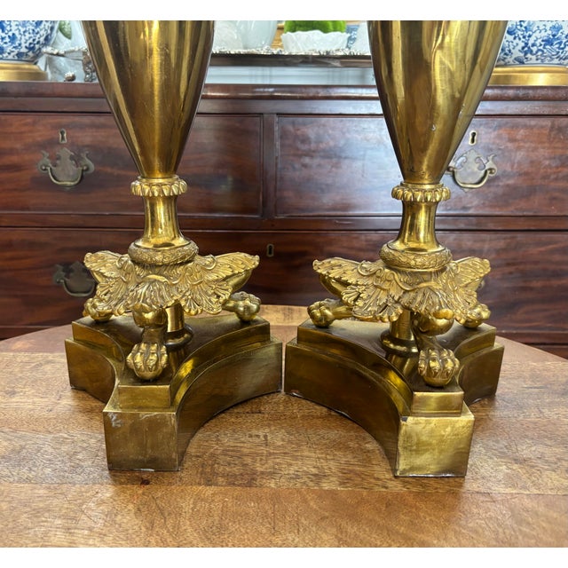 Mid 19th Century Gilt Bronze Neoclassical Louis XVI Double Handle Urn Lamps With Paw Feet - A Pair For Sale - Image 4 of 12