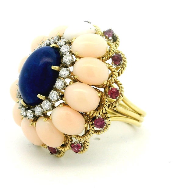 Italian 18k Gold Lapis, Coral, Ruby & Diamond Cocktail Ring, 1970s, Size 7 For Sale - Image 10 of 18
