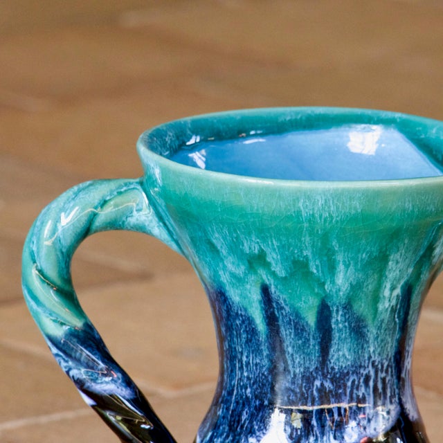 Vintage French Amphora-Shaped Vase in Turquoise Flamed Glazed Stoneware from Vallauris, 1950 For Sale - Image 3 of 9