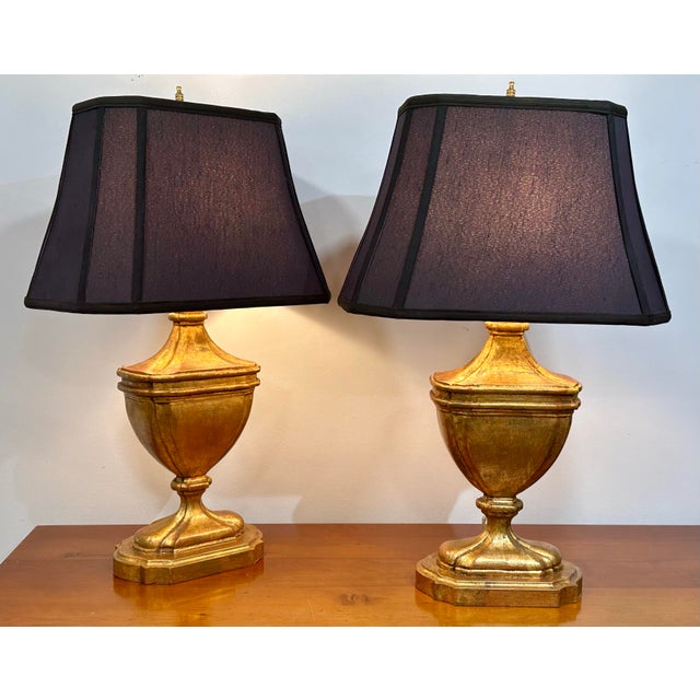 Antiqued Gold Leaf Urn Form Table Lamps With Black Shades - a Pair For Sale In West Palm - Image 6 of 10