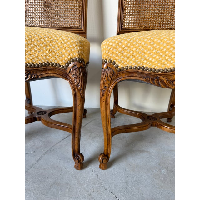 Brown Vintage French Gilles Nouailhac Louis XV–Style Carved Wood & Cane Back Dining / Accent Chairs – Pair For Sale - Image 8 of 12