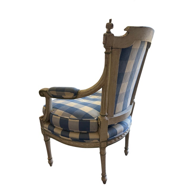 Mid 20th Century Carved Armchair With Blue Gingham Upholstery For Sale - Image 12 of 12