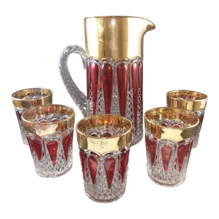 Antique Eapg Imperial Glass Bohemian Style Ruby Stain Wide Gold Trim Pitcher & 5 Tumblers Bar Set For Sale