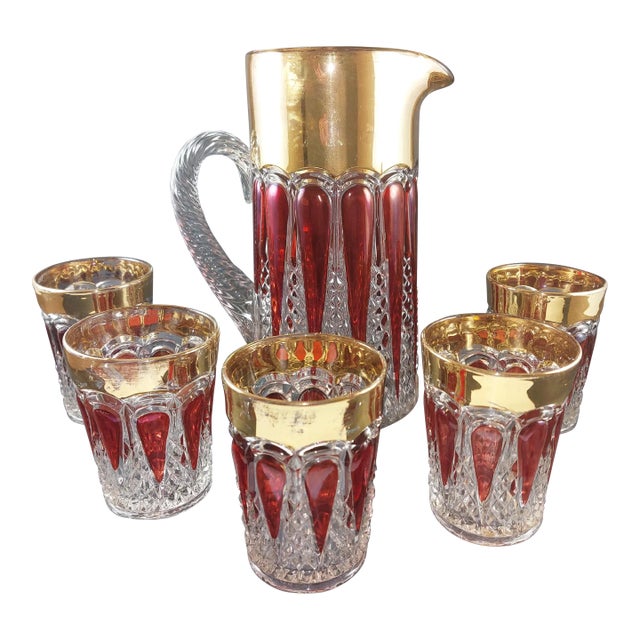 Antique Eapg Imperial Glass Bohemian Style Ruby Stain Wide Gold Trim Pitcher & 5 Tumblers Bar Set For Sale