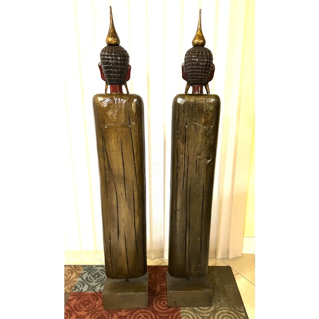 Pair of Vintage Wooden Standing Buddha Statues For Sale In South Bend - Image 6 of 9