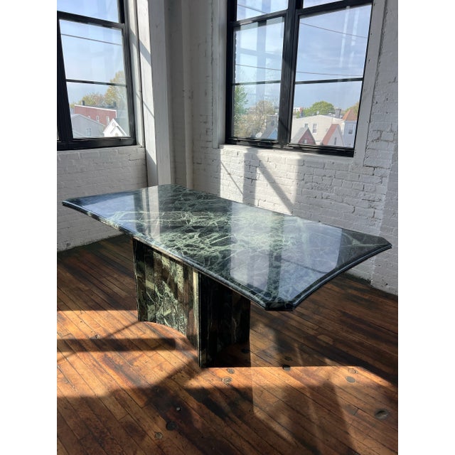 1970 Green Marble Stone Dining Table, Made in Italy The pedestal base is made of many individual pieces of rectangular...