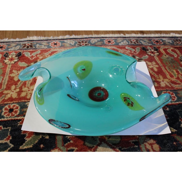 Glass Vintage Aqua Murano Attributed Handblown Glass Catchall With Millefiori - Attributed to Fratelli Toso For Sale - Image 7 of 8