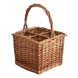 Vintage French-Style Four Bottle Wicker Wine Caddy For Sale