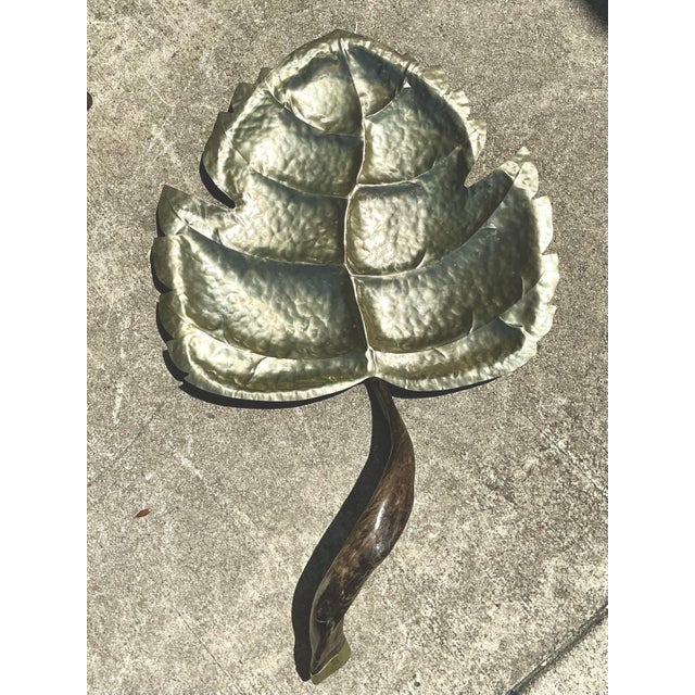 Vintage Hammered Metal Leaf Tray With Horn Handle For Sale In West Palm - Image 6 of 12