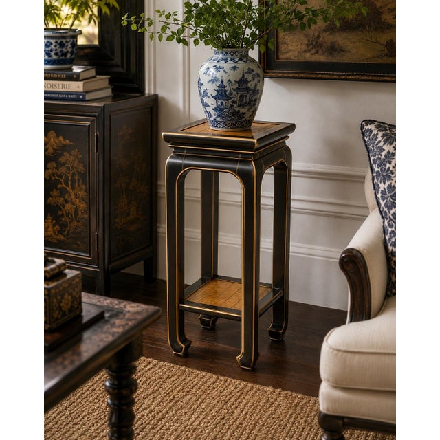 Contemporary Vintage Chinoiserie Pedestal Table in Onyx Black & Architectural Gold With Bamboo Insets For Sale - Image 3 of 3