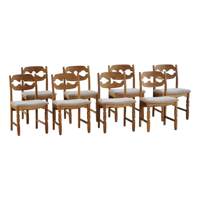 Vintage Razorblade Dining Chairs in Oak and Mohair by Henning Kjærnulf, 1960s, Set of 8 For Sale