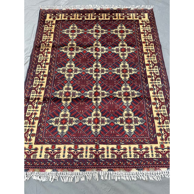 Vintage Afghan Turkmen Ivory Diamond Lattice Tribal Rug - 6'4" X 4'10" For Sale - Image 4 of 12