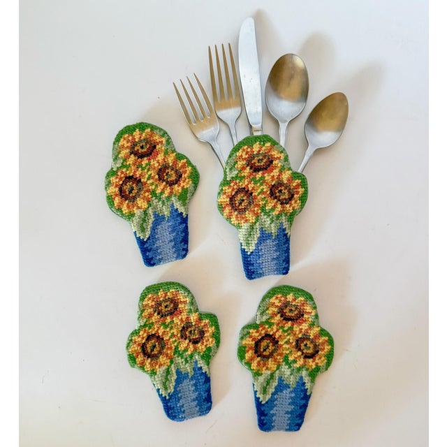 Textile Vintage Needlepoint Sunflower Flatware Bouquet Pocket Holders, Set of 4 For Sale - Image 7 of 8