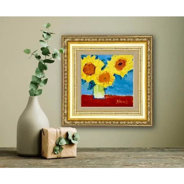 Quiet Places & Still Life — Sunflowers in a Green Vase Original oil painting by Haas, 6 x 6 unframed on prepared masonite,...