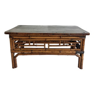 Antique Chinoiserie Bamboo Low Table Display W/Black Elm Top For Sale
