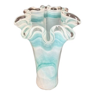 Vintage Murano Style Ruffle Rim Light Aqua & White Swirl Glass Handkerchief Vase For Sale