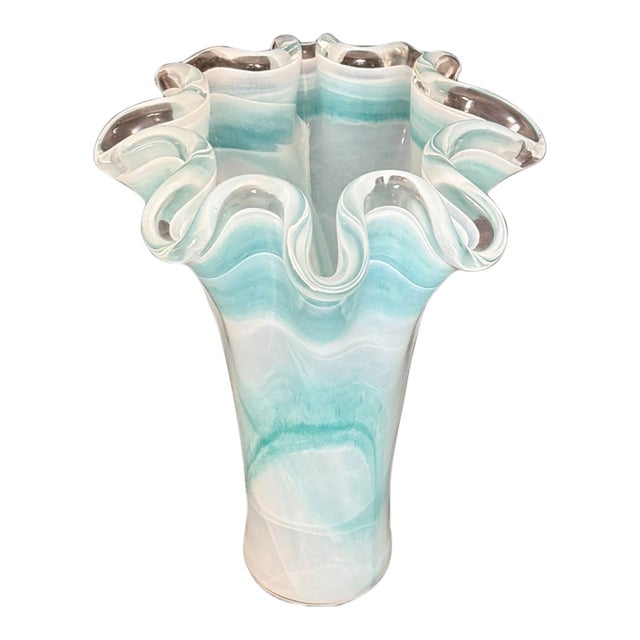 Vintage Murano Style Ruffle Rim Light Aqua & White Swirl Glass Handkerchief Vase For Sale