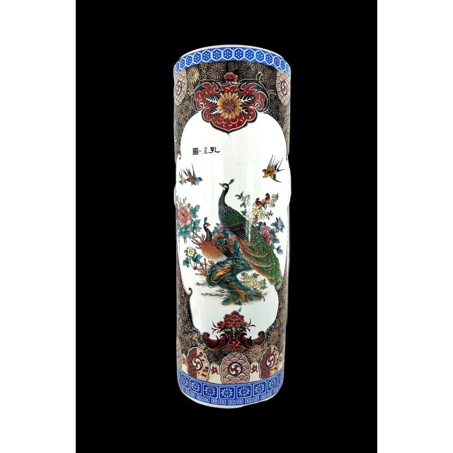 1980s Large Chinese White Porcelain Imari Style Umbrella Stand With Green Peacocks & Floral Scenes For Sale - Image 5 of 11