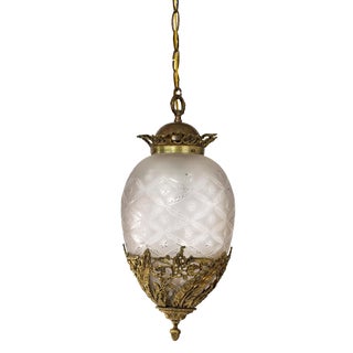 1930's Ornate Brass and Frosted Cut Glass Egg Shaped Pendant Light Fixture For Sale