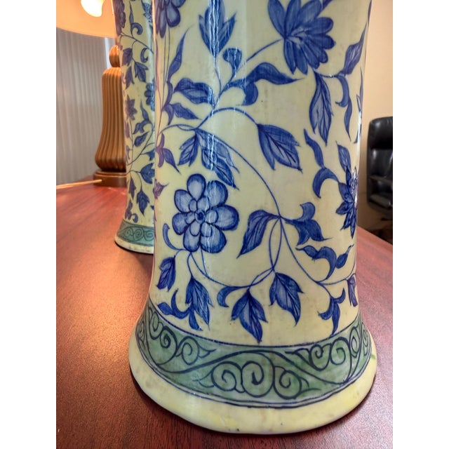 1990s 1990s Pair of Blue & White Floral Ceramic Trumpet Vases For Sale - Image 5 of 7