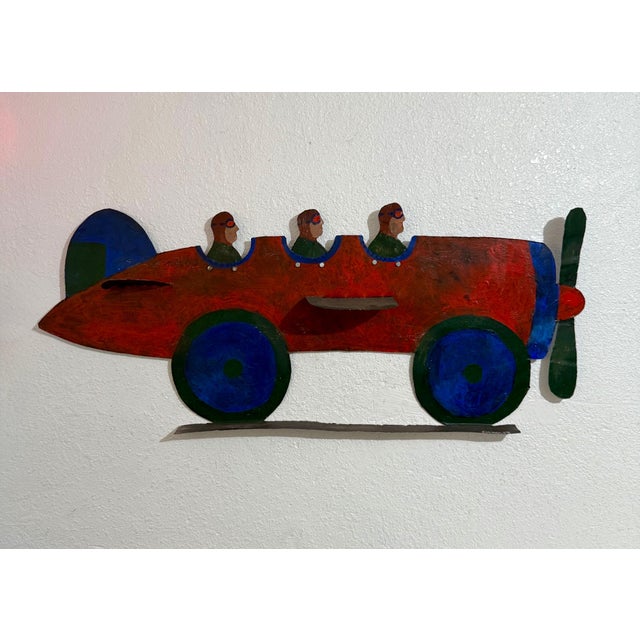 Metal Early 20th Century Seymour Chwast, Pilots in Plane Painting on Metal Sculpture Wall Hanging Seymour Chwast Airplane For Sale - Image 7 of 18