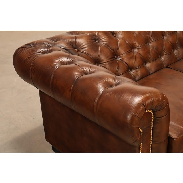 Chesterfield Style 6 Foot Cognac Brown Tufted Leather Sofa For Sale In Philadelphia - Image 6 of 16