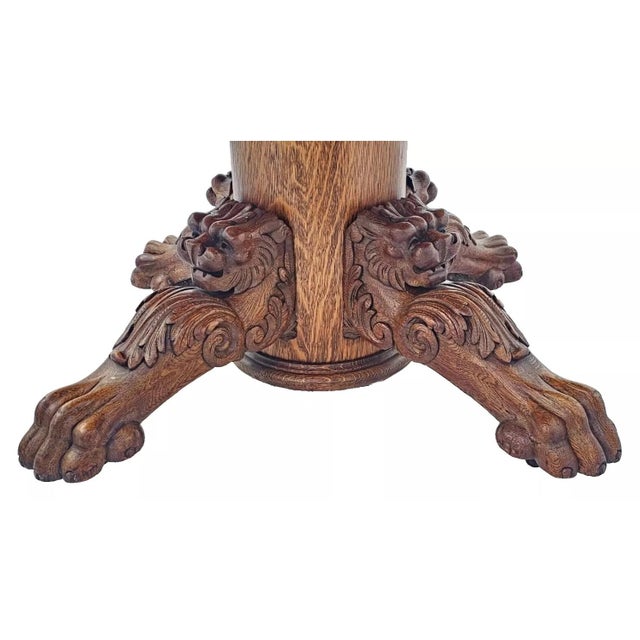 Victorian Antique 1890s Round Tiger Oak Dining Table With Carved Lion Heads For Sale - Image 4 of 16