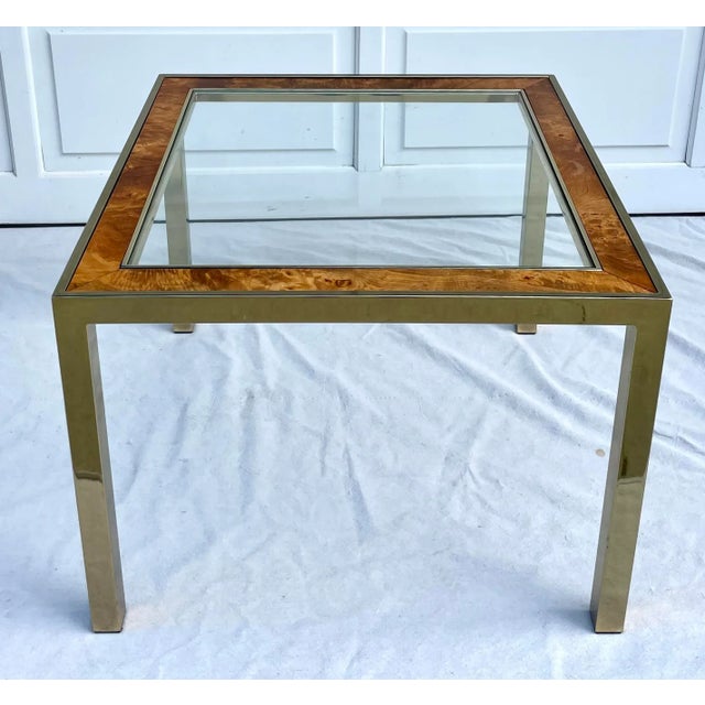 1960's Brass, Burl-Wood and Glass Parsons Side Table For Sale - Image 13 of 13