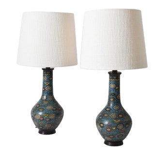 Blue Cloisonné Bronze Lamps, Set of 2 For Sale
