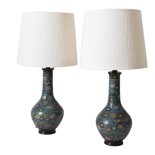 Blue Cloisonné Bronze Lamps, Set of 2 For Sale