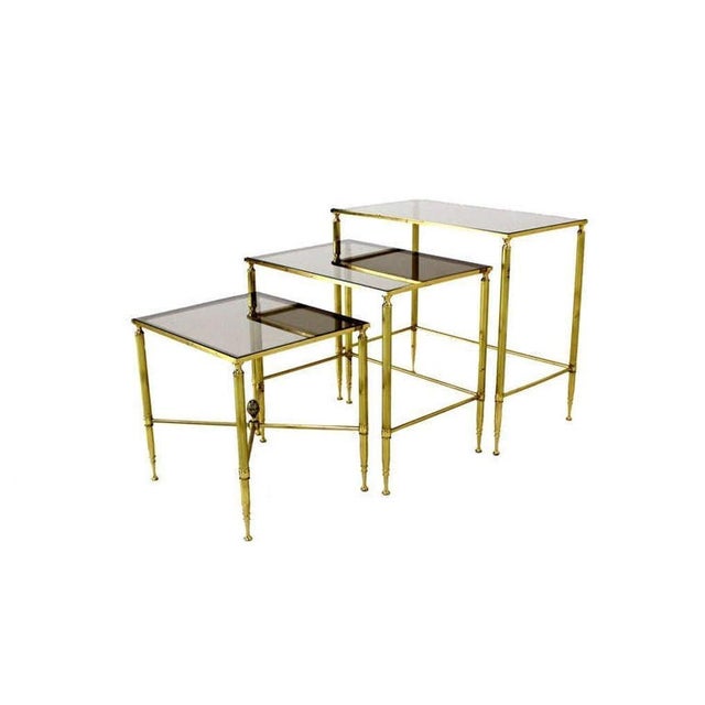 Solid Brass Smoked Glass Set of Three Nesting Stacking Side Occasional Tables For Sale - Image 6 of 7