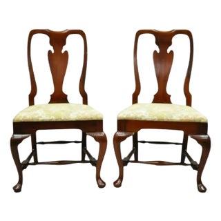 Late 20th Century Vintage Queen Anne Style Stretcher Base Cherry Wood Dining Side Chairs - a Pair For Sale