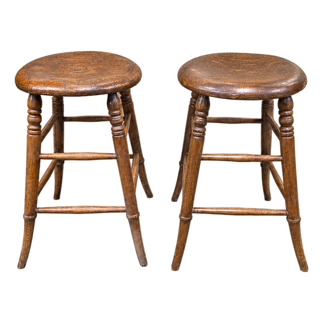 Pair Turned Wood Shaker-Style Stools For Sale