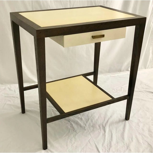 A Julian Chichester Handmade Jasper Bedside Table in Solid Grey Oak with Bleached Vellum Inset Top and Lower Shelf, and a...