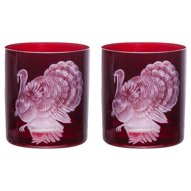American Farm Turkey Double Old Fashioned Glasses Red - a Pair For Sale - Image 3 of 3