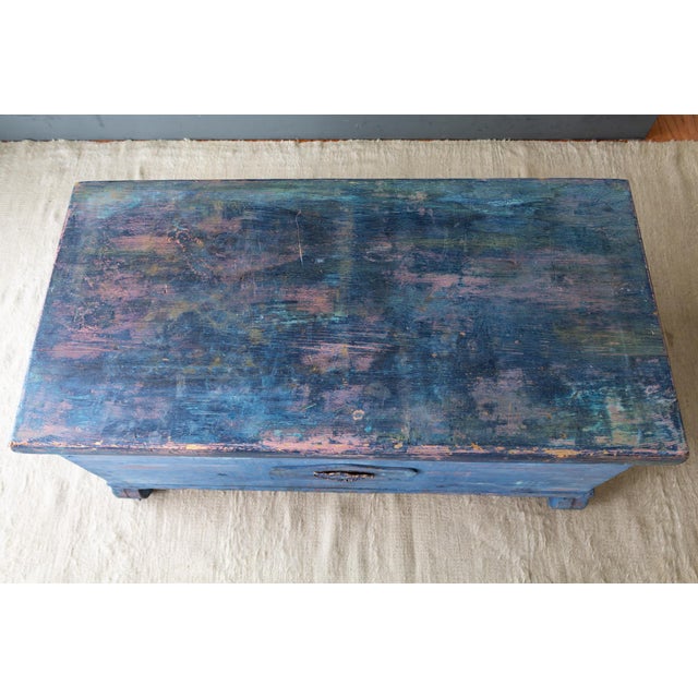 Rustic Blue Painted Cedar Blanket Chest Trunk With Empire C Curved Feet For Sale - Image 13 of 17