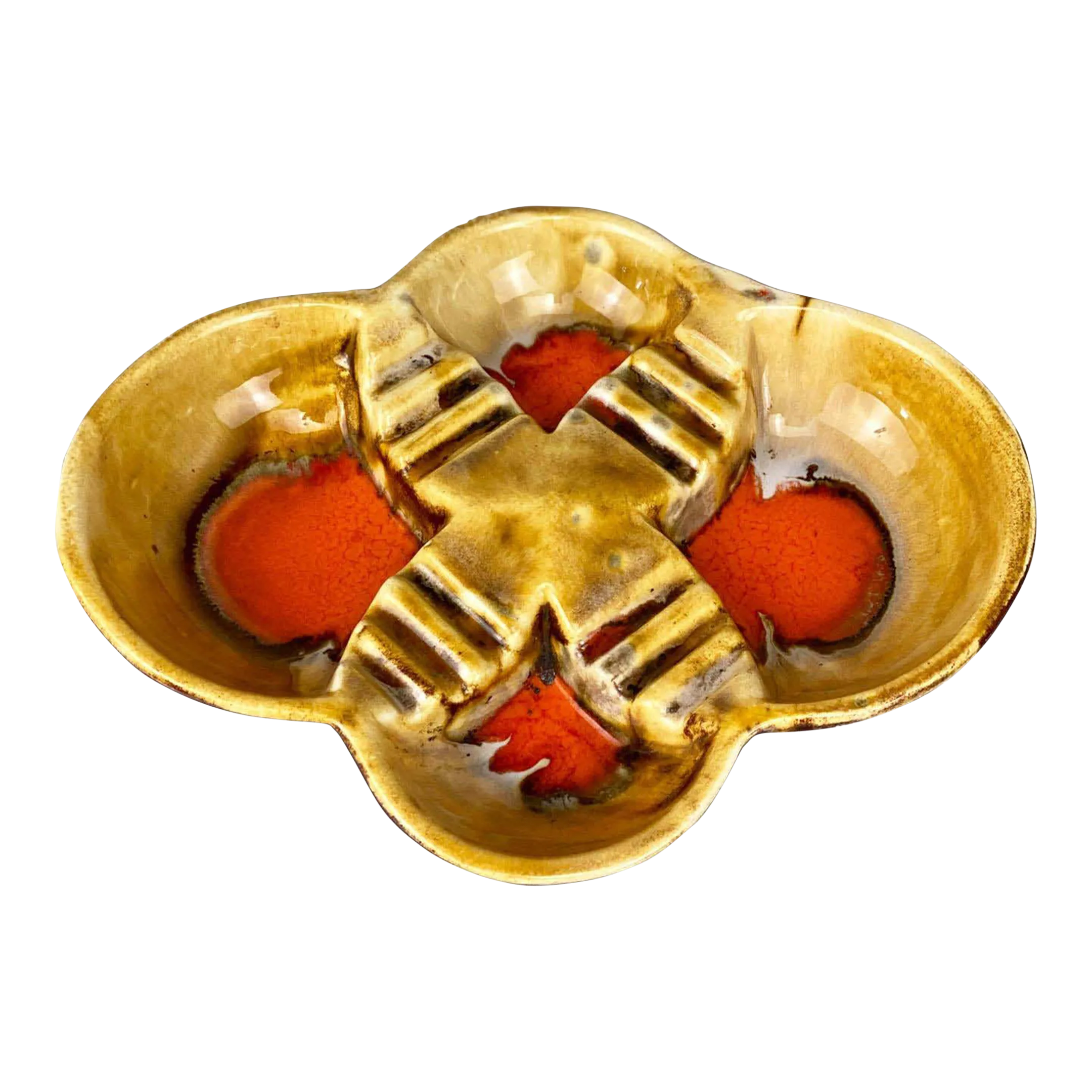 Mid-Century Atomic Orange & Gold Porcelain Sculpted Clover Cigar