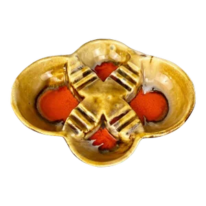 Mid-Century Atomic Orange & Gold Porcelain Sculpted Clover Cigar Ashtray