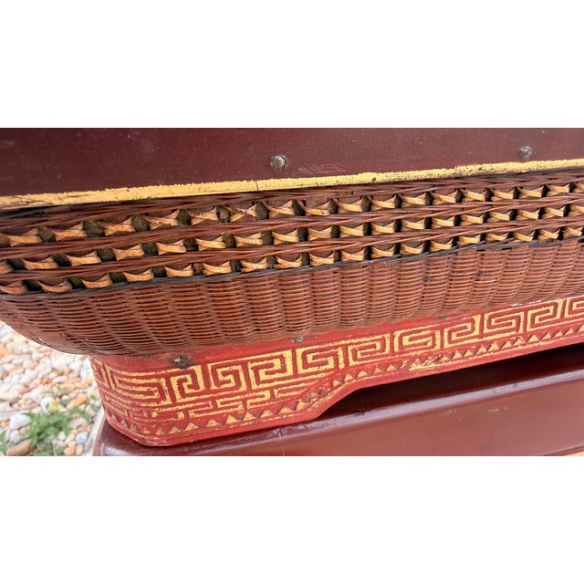 Vintage Chinese Red Lacquer & Woven Rattan Removable Tray Table With Calligraphy For Sale - Image 11 of 14