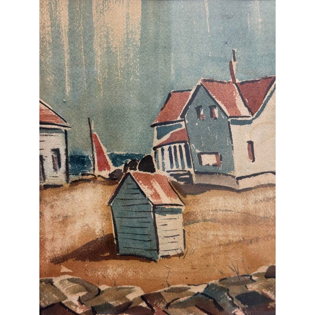 1970s Watercolor Painting of a Lighthouse Overlooking Sailboats in a Wood Frame For Sale - Image 4 of 10