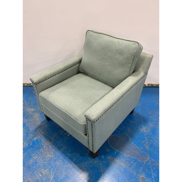 Contemporary Light Teal Club Chairs - Pair. Nails on body, light teal woven fabric. Original Retail $1437