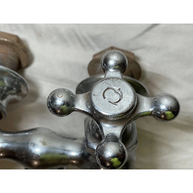 Industrial Antique Heavy Chrome Plated Brass Industrial Wall Faucet Fixture Hot Cold For Sale - Image 3 of 9
