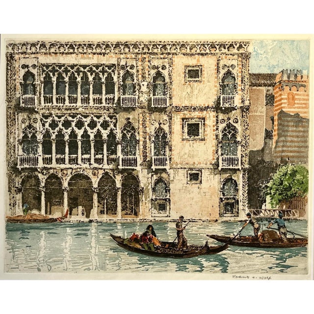 Illustration Vintage Color Etching Venice Italy Gondolas by Franz Xavier Wolf For Sale - Image 3 of 7