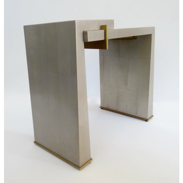 Baker Furniture Company C.1990's Thomas Pheasant(Designer) for Baker Furniture Co. (Mfr.) -Platinum Silver Leaf & Bronze Modernist "Stratum" Side/Occ. Tables -Pair For Sale - Image 4 of 13