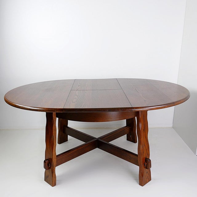 Brutalist Brutalist Round Extendable Oak Dining Table, 1950s For Sale - Image 3 of 15
