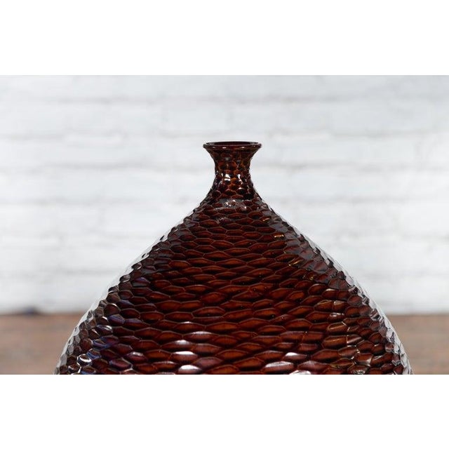 Prem Collection Handcrafted Burgundy Vase with Textured Honeycomb Style Motifs For Sale - Image 10 of 12