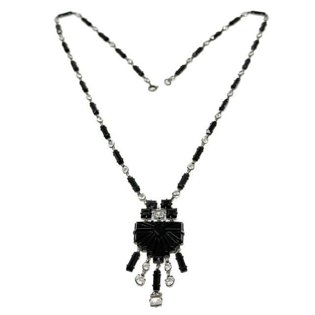 Czechoslovakian Art Deco Black Glass and Crystal Geometric Pendant Necklace, 1920s For Sale - Image 4 of 11