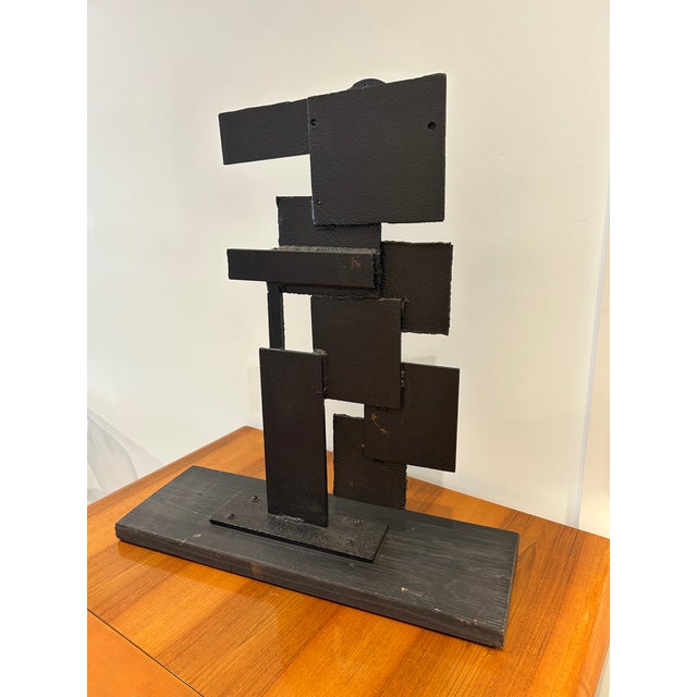 Black 1970s Abstract Sculpture in Welded Steel Iron & Wood For Sale - Image 8 of 10