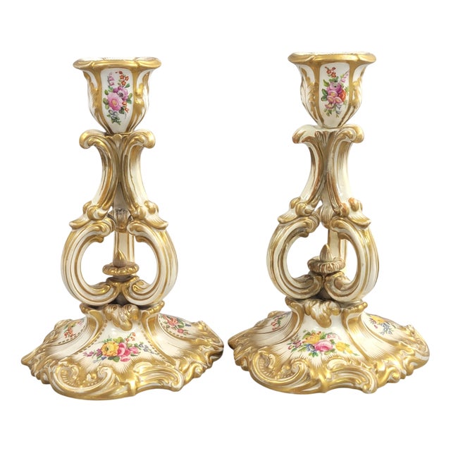 Rococo Porcelain Candlesticks from Derby, 1830, Set of 2 For Sale